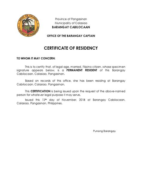 Certificate of Residency Sample Only .